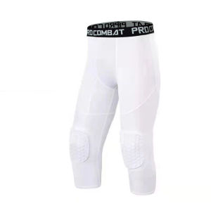 Mens Safety Anti-Collision Pants Basketball Training 3/4 Tights Leggings With Knee Pads Protector Sports Compression Trousers