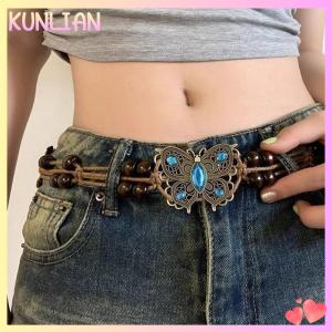 [KUNLIAN] Bohemian Style Butterfly Water Woven Ethnic Style Wooden Bead Womens Belt Casual Vacation Style Waist Rope