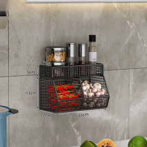 【ส่งจากกทม|พร้อมสต็อก】ตะกร้าเก็บเครื่องปรุง ขิง หัวหอม กระเทียม แบบแขวนผนัง อเนกประสงค์ ไม่ต้องเจาะรู สําหรับห้องครัว