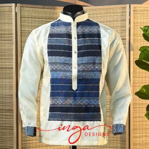 Mens Modern Barong Tagalog Navy Blue Ethnic Design in Premium Cream Piña Organza Fabric with Lining Chinese Collar Long Sleeve NELSON NAVY BLUE by INGA DESIGNS