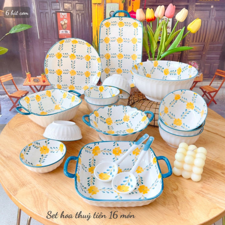 Bộ bát đĩa gốm sứ decor hoạ tiết Hoa thuỷ tiên siêu đẹp Bát ăn cơm ...