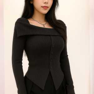 sabrina top kancing elegan atasan polos knite rib panjang