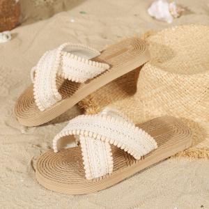 Imitation Straw WomenS Slippers New Summer Style Thick-Soled Wedge Beach Shoes Rope Ethnic Style Faux Sole Embossed Pattern