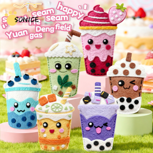 Kids Non-woven Felt Sewing Craft Kit Cute Milk Tea DIY Making Material Pack Beginner Hand Sew Keychain Decor Educational Toy