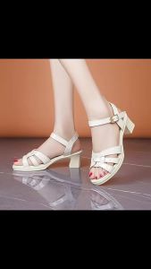 [Free Shipping] 2026 Summer New Soft Leather Sandals for Women Mid-Heel Chunky Heel High Heels Ankle Strap Closed Back Moms Leather Sandals Womens Shoes
