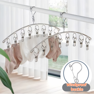 10 Clips Stainless Steel Curved Clothes Hanger Sock Drying Rack Underwear Clip Household Clothes Organizer Steel Hanging Rack Windproof Clothes Hanger