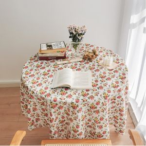 [100*150] Khăn trải bàn thảm picnic vải canvas trắng đỏ họa tiết bông hồng phong cách vintage - T046
