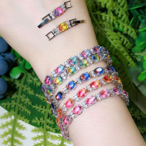 SEQUITO Womens Fashion Rainbow Mystic Bangle Jewelry Pave CZ Setting White Gold Plated Oval Charm Bracelet B087