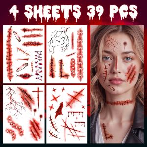 Halloween Temporary Scar Tattoo Fake Wound Stitches Sticker Realistic Crack Body Makeup for Cosplay Costume Party Haunted House and Body Art