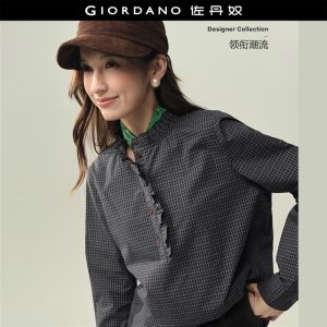 GIORDANO Women Shirts Ruffle Band Collar Windowpane Shirts Half Button Long Sleeve Fashionable Casual Loose Shirts 18346625