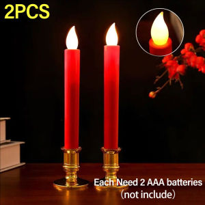 YESPERY 1Pair Long Flameless Candle with Holder Base Realistic Flickering Candle Red Electronic LED Candle for Wedding Chinese New Year Decoration