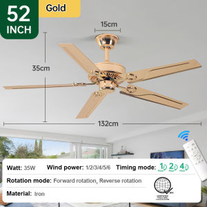 Gogeous 42/52inch ceiling fan with light modern tricolor dimming metal golden ceiling fan with 5 bulbs big size ceiling fan with lights and remote 5 blades big for living room dinning room bedroom