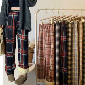 SWEET TIM Y2K กางเกงผ้ากำมะหยี่อบอุ่น กางเกงขาบาน หลวมหลวมๆ กางเกงลายสก๊อตฤดูหนาว เกาหลีแบบเกาหลี แบบตรง กางเกงแคชเมียร์หนา สาวๆ