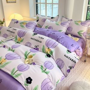 ผ้านวมพิมพ์ลายดอกไม้ปลอก Tulip สีม่วงปลอกคลุมนุ่มเป็นมิตรกับผิวเหมาะสำหรับเตียงเดี่ยวขนาดคิงไซส์