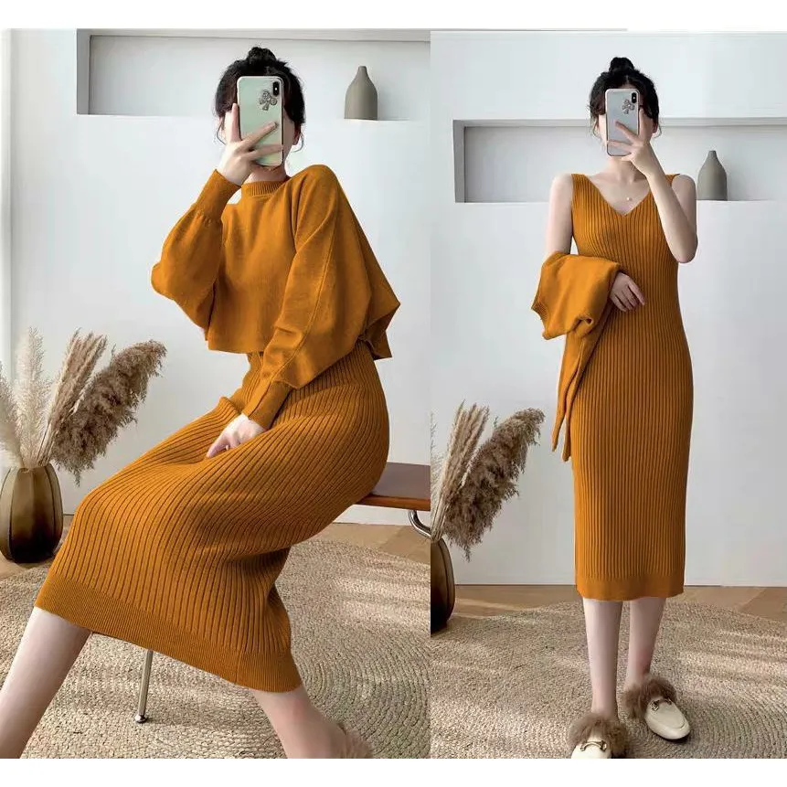 Set 2in1 Dress Cardigan Rajut Kanaya Setelan Baju Dan Celana