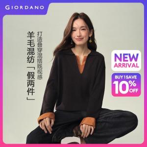 GIORDANO Women Sweaters Fake Two-Piece Contrast Open Collar Sweaters Loose Fit Fashionable Casual Sweaters 18356726