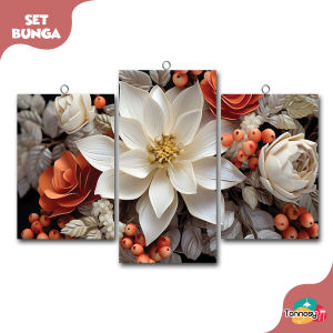 TENNESY Hiasan Dinding Set Bunga 3D beauty flowers 3 Panel Besar Dekorasi Dinding Kamar Tidur Pajangan Kayu Poster Dekorasi Rumah