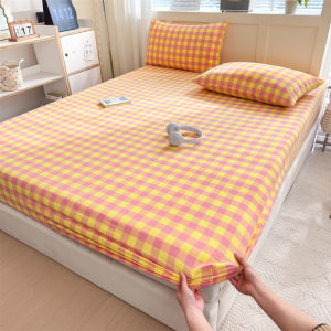 Dansunreve 100% Cotton Fitted Bed Sheet Checkered Lattice Elastic Single/Queen/King Bedsheet with Rubber