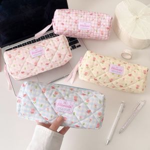 SIMPL  Storage Y2k Flower Pencil Case Bow Quilted Pencil Pouch Large Capacity Cloth Stationery Bag Cosmetic Bag Simple Korean Style Pen Bag Stationery Holder