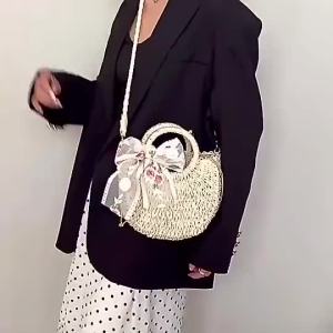 Yogodlns New Straw Bag Women Hand-Woven Handbag Moon Shape Rattan Bag Big Capacity Drawstring Casual Travel Beach Shoulder Bag