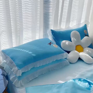 Bộ ga gối chăn trần phi lụa viền bèo tone màu nhẹ nhàng nhưng cực bắt mắt 4 món