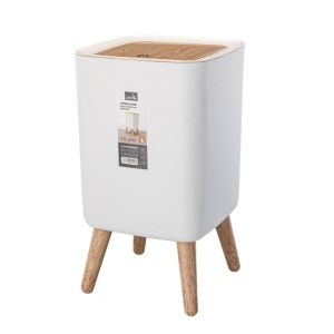 VOYUE Wood-Like Design Trash Can 10L Capacity High Foot Wooden Trash Bin Creative with Lid High Garbage Bin Living Room