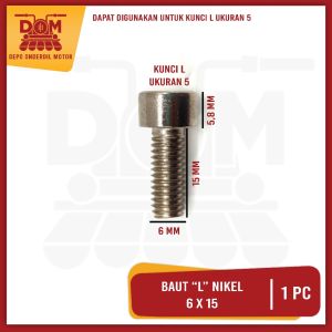 Baut "L" Nikel 6 x 15 Harga Per 1 Biji (PSP) Baud "10 Kunci L 5 Drat 6mm Panjang 15mm