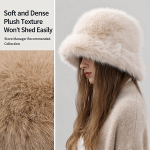 HEFEI Thick Plush Faux Fur Bucket Hat Soft Furry Fluffy Fisherman Cap Fashion Windproof Coldproof Winter Hat Women Girl