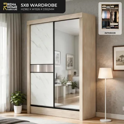 【FREE INSTALLATION] 5x8 Wardrobe 5ft x 8ft Sliding Door Cupboard Cabinet Bed Room Set Drawer Mirror