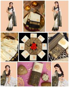 Elegant Off-White & Black Traditional Saree with Zari Border and Blouse_5055