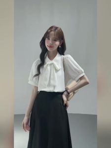 AMMIN Korean Style Chiffon Blue Short Sleeve Shirt for Women 2025 Summer Bow V-neck Professional Single-breasted Commuting Elegant Blouse