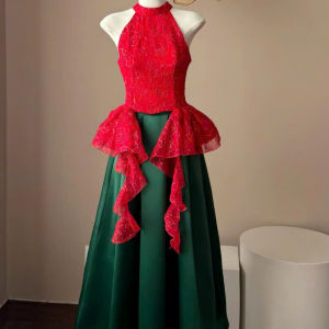 CRL_ Set đầm yếm cách tân mặc Tết set váy yếm múa biểu diễn áo cổ Yếm Tết Ren hoa tua rua bèo mix váy dài Tafta xếp ly xoè