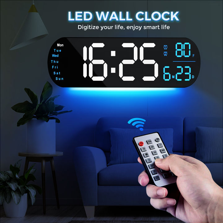 LED Digital Wall Clock Time Remote Control Date Week Temperature ...