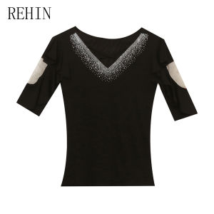 REHIN Summer New Original Heavy Rhinestone Embellished Double-Layer Mesh Ruffle Short Sleeve T-shirt Fashionable Versatile Womens Top