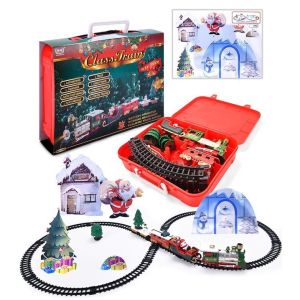 Bộ đồ chơi lắp ráp đường ray xe lửa Giáng Sinh Mô hình tàu hỏa Noel 2023 dài hơn 2m kèm hộp quà nhựa đỏ có quai xách
