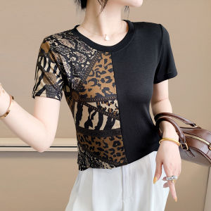 YIMEI เสื้อตัวเสื้อยืดพิมพ์ลายลายเสือดาวสไตล์ย้อนยุคสำหรับผู้หญิงเสื้อตัวบนแขนสั้นเสื้อยืดได้คอกลมแฟชั่น2025ฤดูร้อนเข้ารูปพอดีสีที่ถูกบล็อก