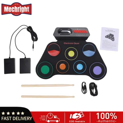 Mechright Bộ trống điện tử Bộ trống cuộn cầm tay bằng silicon 7 miếng đệm trống Loa tích hợp Đầu ra tai nghe Máy đếm nhịp có thể sạc lại bằng dùi trống Bàn đạp chân cho người mới bắt đầu
