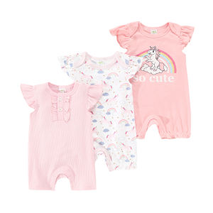 PAYI BABY-3PCS Unicorn & Rainbow Baby Girls Onesies Flying Sleeves Romper Jumpsuit Infant Ribbed Cotton Bodysuits