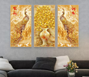 Bộ tranh treo tường bóng kiếng Chim Công Vàng Tài Lộc Phú Quý Bình An nhiều chất liệu và kích thước 142PC