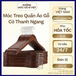 Combo 10 móc treo quần áo gỗ móc gỗ treo quần áo thanh ngang có rãnh đủ màu (màu nâu)