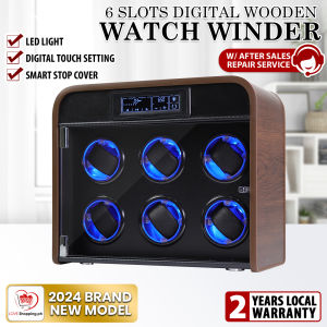 6 Slots Wooden Automatic Watch Winder with Digital Touch Settings + LED Light Silent Operation & Anti-Magnetic Technology