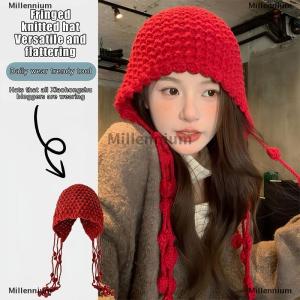 [COD] Millennium Sweet Handmade Autumn Winter Knitted Beanies Hat Wool Warm Ear Protection Hat Windproof Tassel Pullover Hat