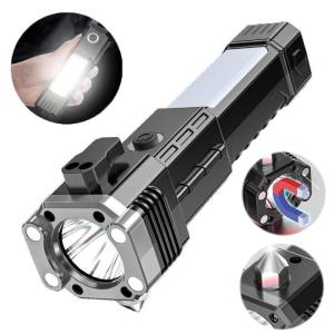 Strong LED Flashlight Adsorbable Waterproof Searchlight USB Recharging Work Lights COB Safety Hammer Data Cable Side Light with Emergency Handheld Lamp Outdoor Sports