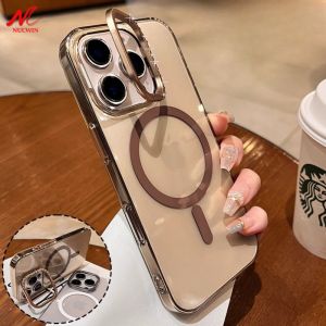 Fold Lens Stand  Transparent for Magsafe Case For iPhone 16 15 14 Pro Max 16Pro  Diamond Transparent PC Cover