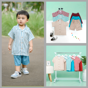 Setelan Salur Anak Laki-Laki 1-4 Tahun Lengan Pendek