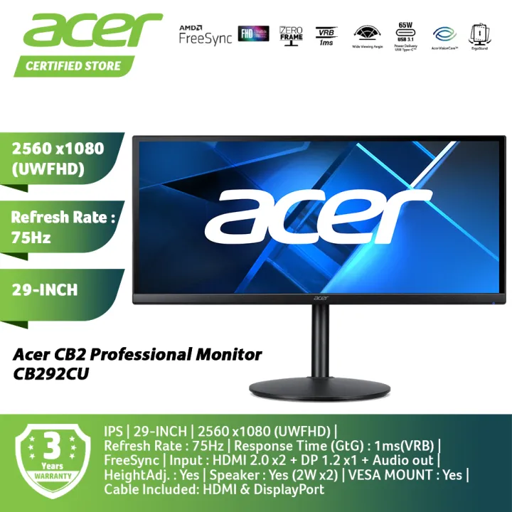 Acer CB292CU Widescreen LCD Monitor 29-INCH UW-FHD 2560 x 1080 75Hz UM.RB2SM.002