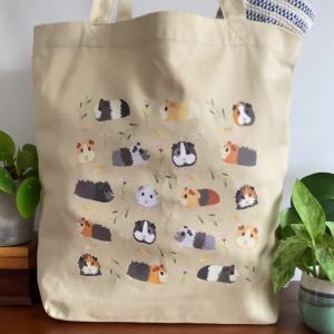 Reusable organic cotton fabric bag with guinea pig design