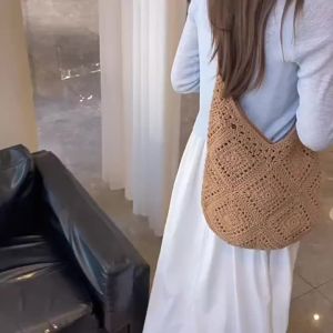 Versatile single-shoulder straw bag for women high-end handmade cotton woven bag large-capacity tote bag vacation beach bag