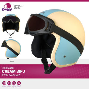 Helm Anak Bogo Retro Polos SNI 2 3 4 5 6 8 Tahun Lucu Unik Berkendara Aman Warna Cream Biru Kacamata