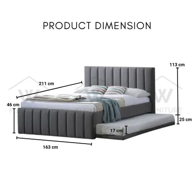 WFURNITURE Queen Size Divan Bed with Single Bed Pull Out Bed Strong Sturdy Katil Queen Katil tarik Fabric Bed Frame